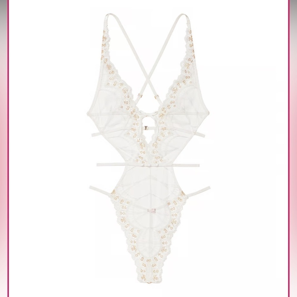 New! Victoria’s Secret Strappy-Back Lace Teddy White Gold 4330